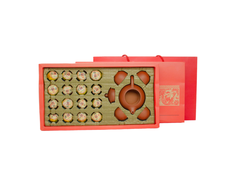 Подарочный набор чая Шу Пуэр Огненный дракон в мандарине с набором посуды Си Ши - 1